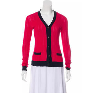 2010 CHANEL Pink Navy Blue Cotton Cashmere Top Cardigan Sweater FR-36 US-2/4
